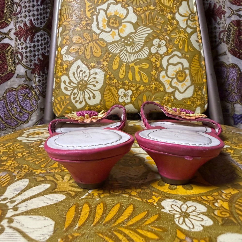VTG Y2K Pink Cottage Whimsy Open Toe Straw Flower Country Western Sandals Size 7 - Picture 6 of 10